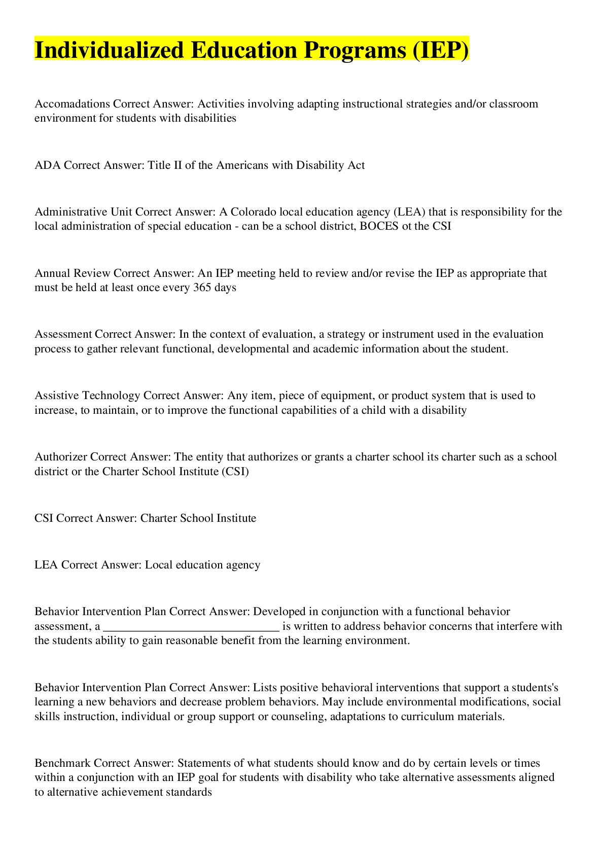 Preview image of Individualized Education Programs (IEP)| 110 questions| with complete solutions document